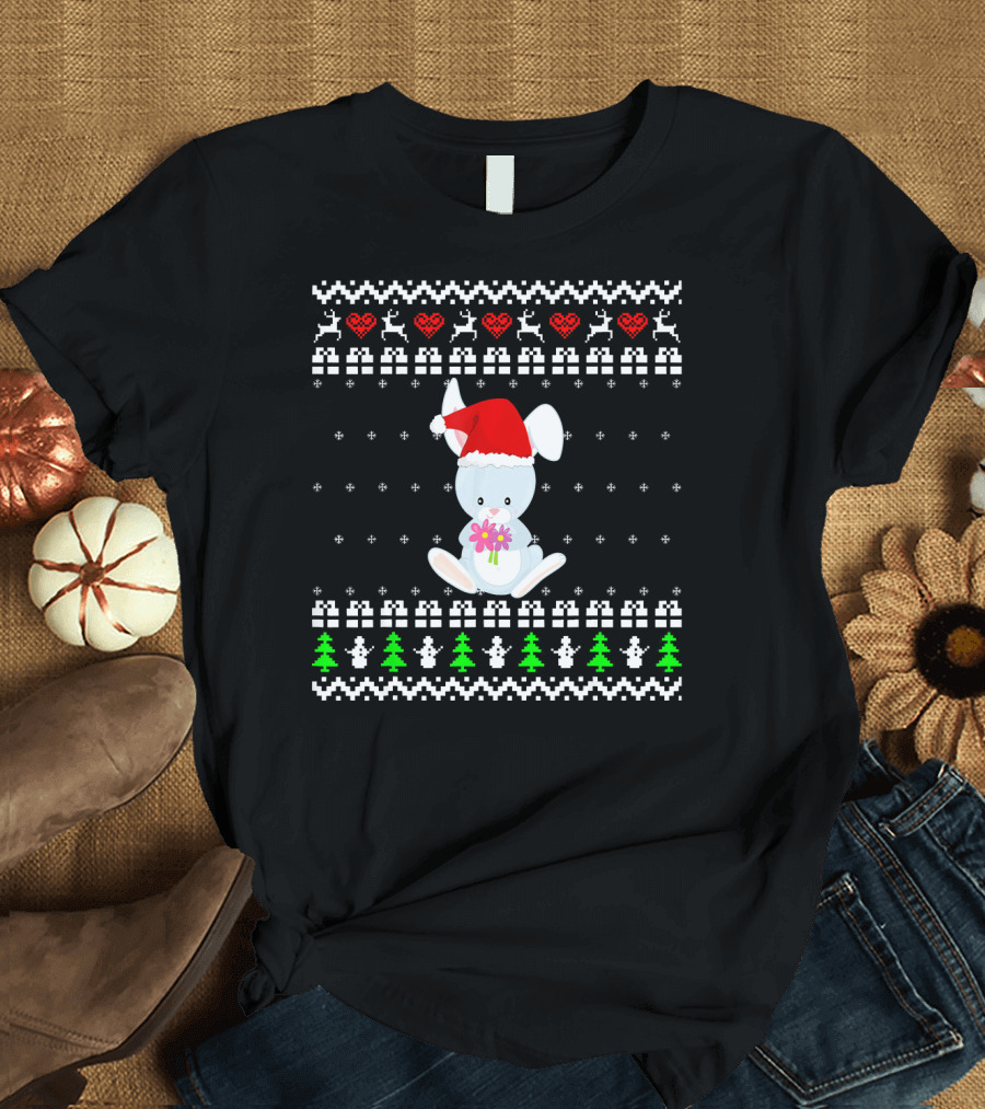 Santa Hat Rabbit with Christmas Pattern and Flowers T-Shirt
