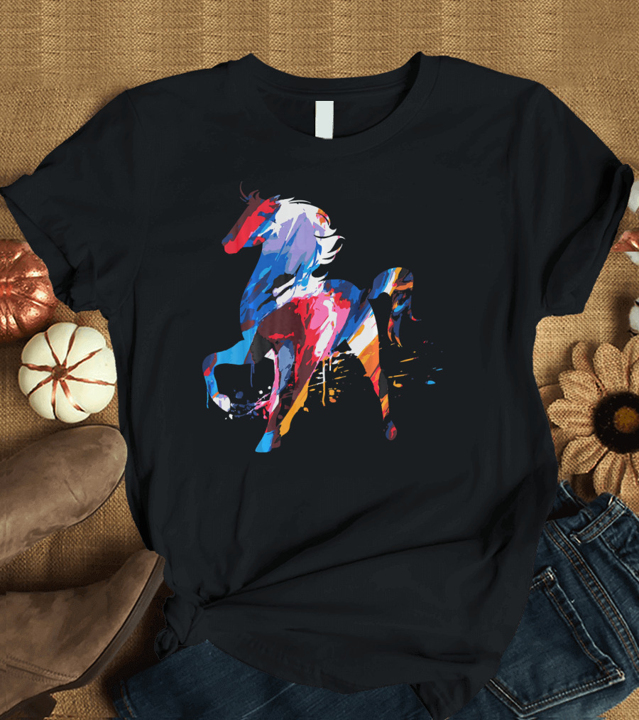 Watercolor Rainbow Riding Horse Colorful T-Shirt