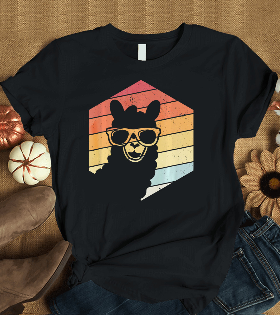 Vintage Retro Llama Sunglasses Rainbow Hexagon T-Shirt