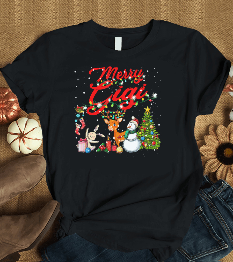 Merry Gigi Christmas Reindeer Snowman Tree Lights T-Shirt