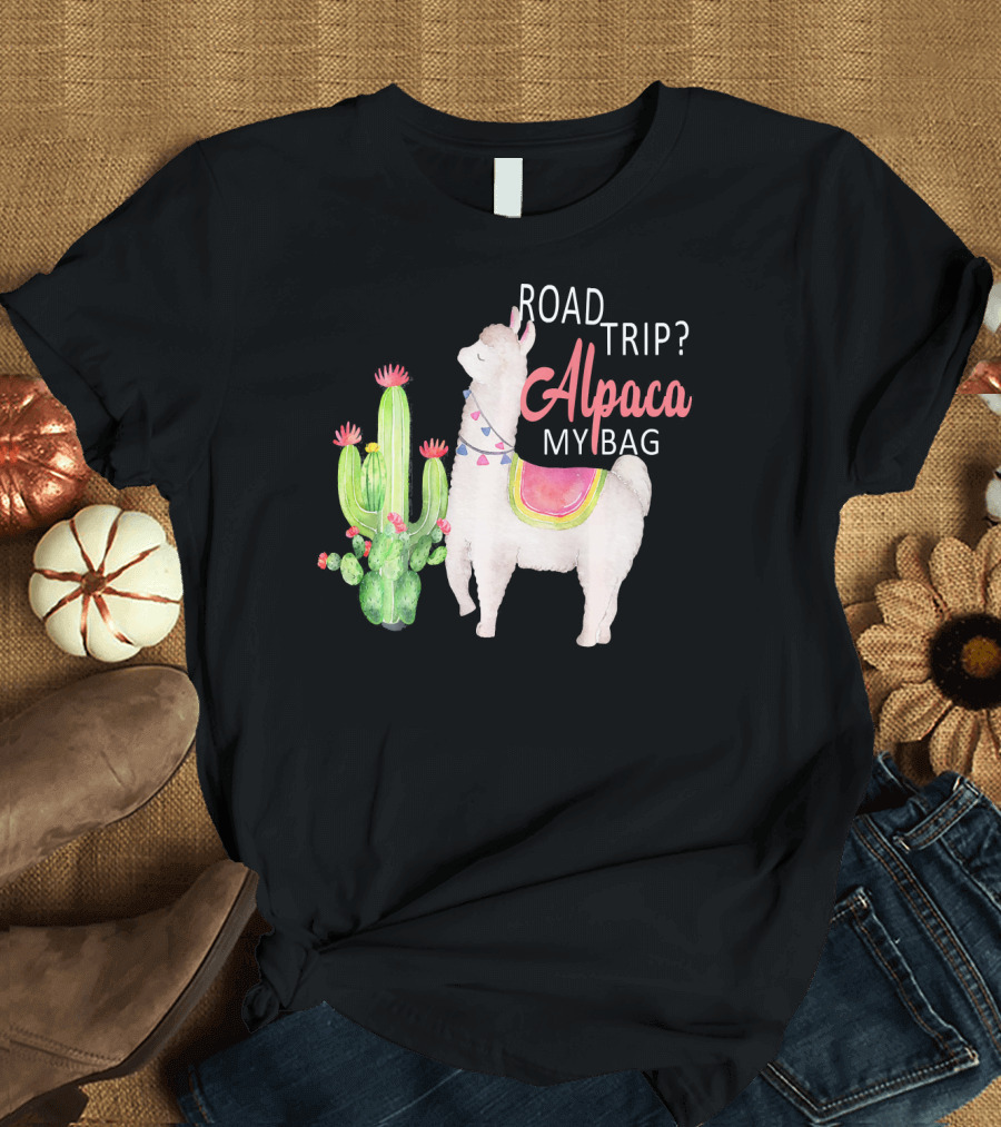 Road Trip Alpaca My Bag Watercolor Cacti Llama T-Shirt