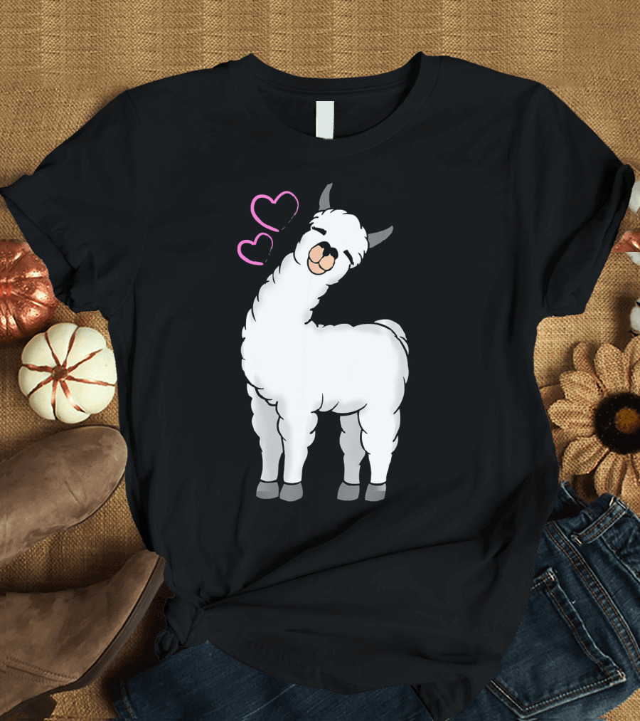 White Llama Alpaca with Pink Love Hearts T-Shirt