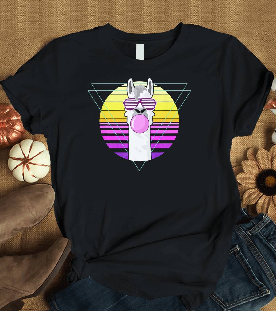 Retro Sunset Alpaca with Sunglasses and Bubblegum T-Shirt