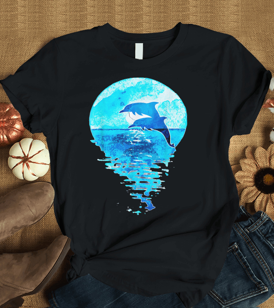 Blue Watercolor Jumping Dolphins Ocean Moon Reflection T-Shirt