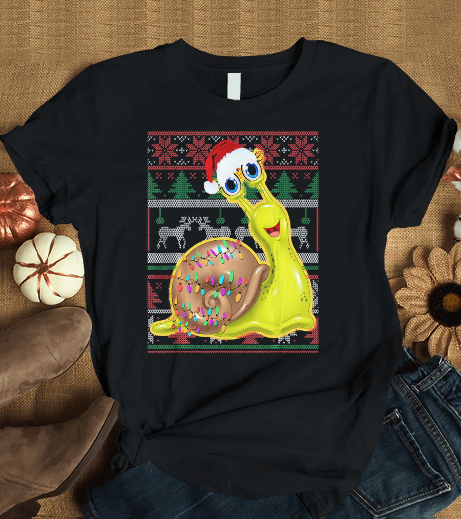 Cute Snail Lover Christmas Santa Hat Lights T-Shirt