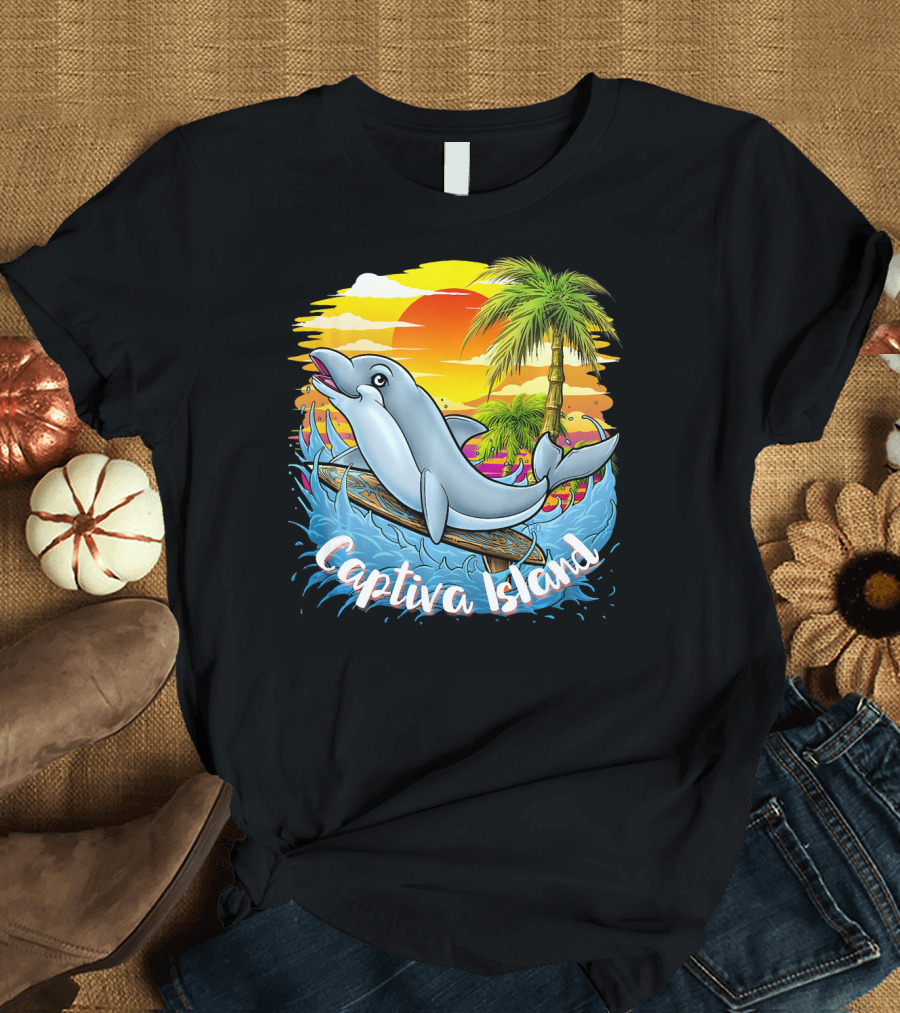 Captiva Island Florida Spring Dolphin Palm Sunset Ocean Scene T-Shirt