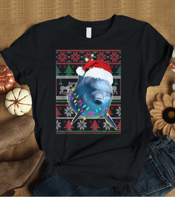 T-Shirt: Cute Dolphin Lover Christmas Lights Santa Hat T-Shirt Cute Dolphin Lover Christmas Lights Santa Hat T-Shirt