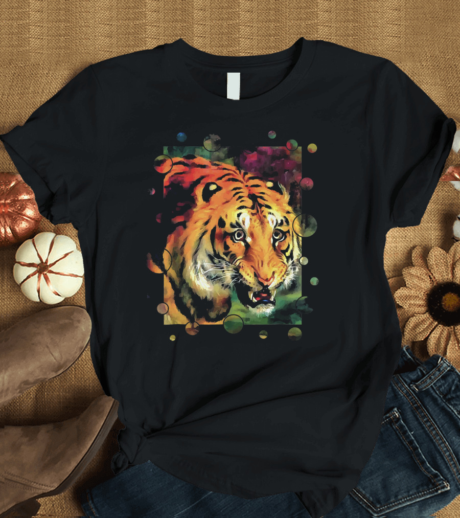 Bengal Tiger Vector in Vibrant Colors with Artistic Border T-Shirt