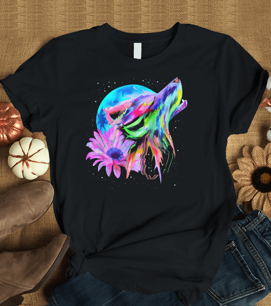 Colorful Rainbow Galaxy Festival Rave Wolf Flower Moon T-Shirt