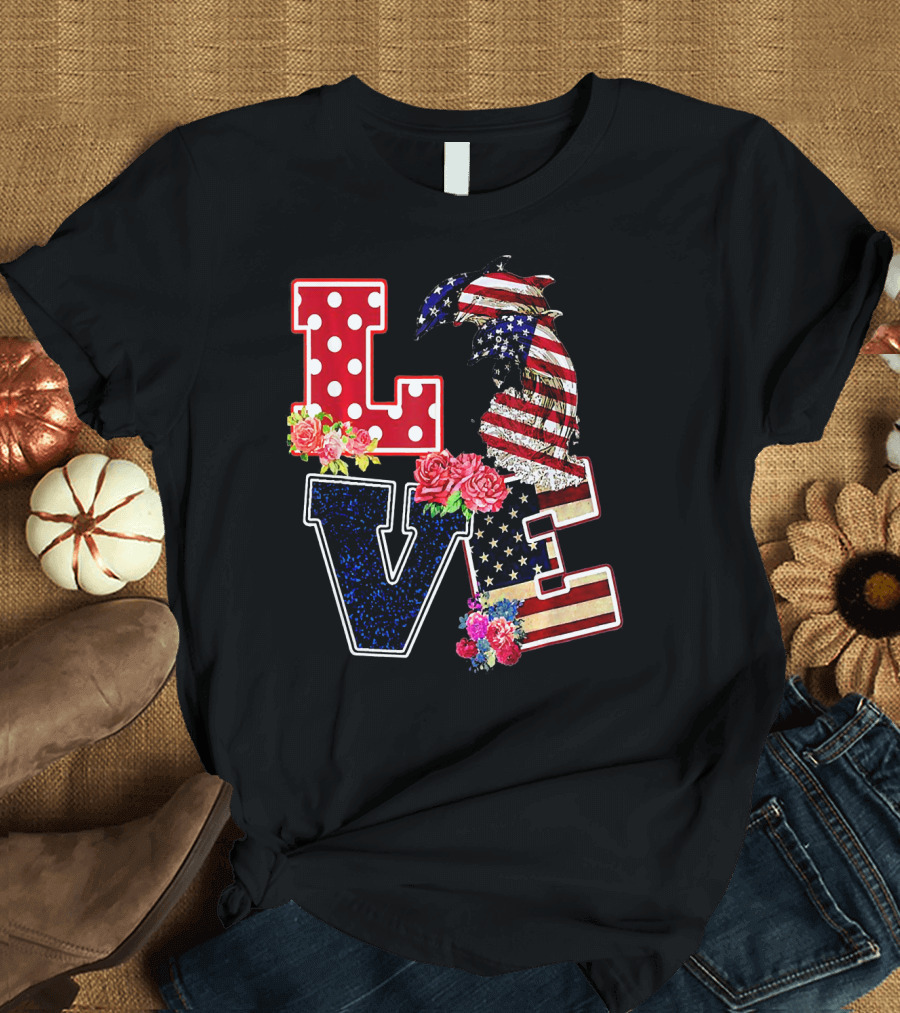 American Flag Love Dolphin Flower T-Shirt