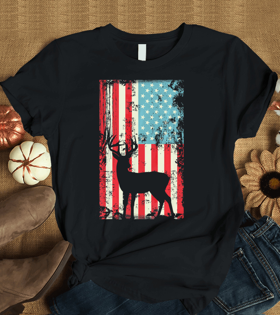 Deer Hunter American Flag Patriotic T-Shirt