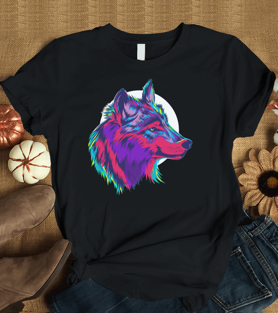 Cute Wolf in Purple Northern Light Color with Vibrant Fur Against T-Shirt