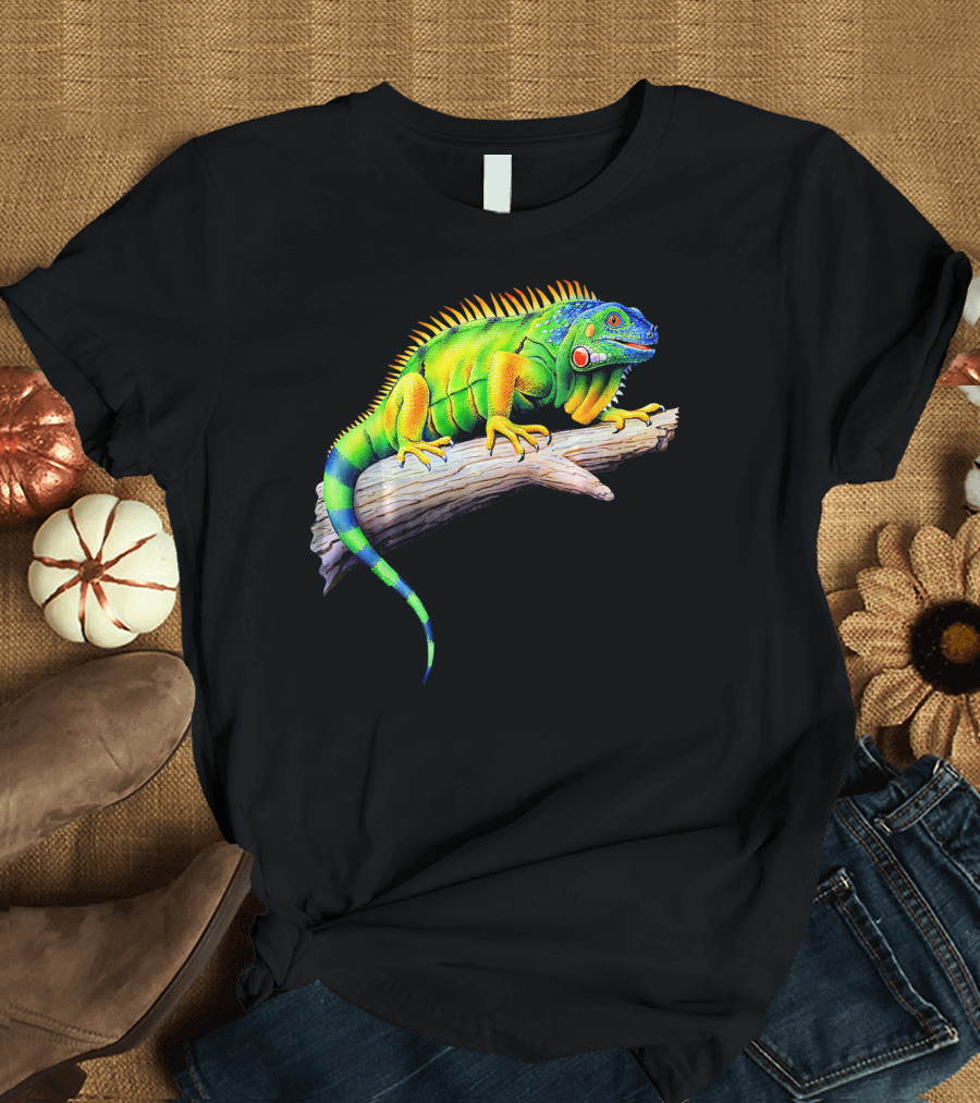 Vibrant Multicolored Iguana on Log T-Shirt