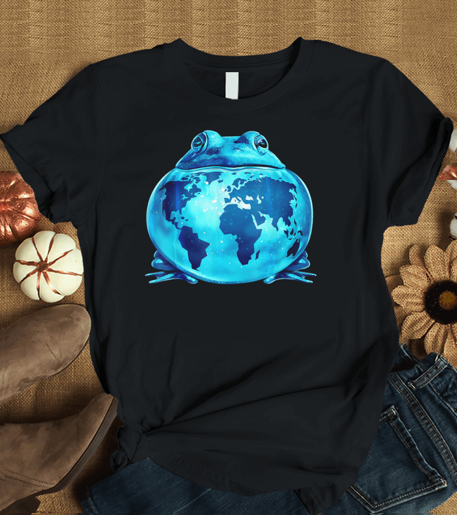 Blue Earth Frog with World Map T-Shirt