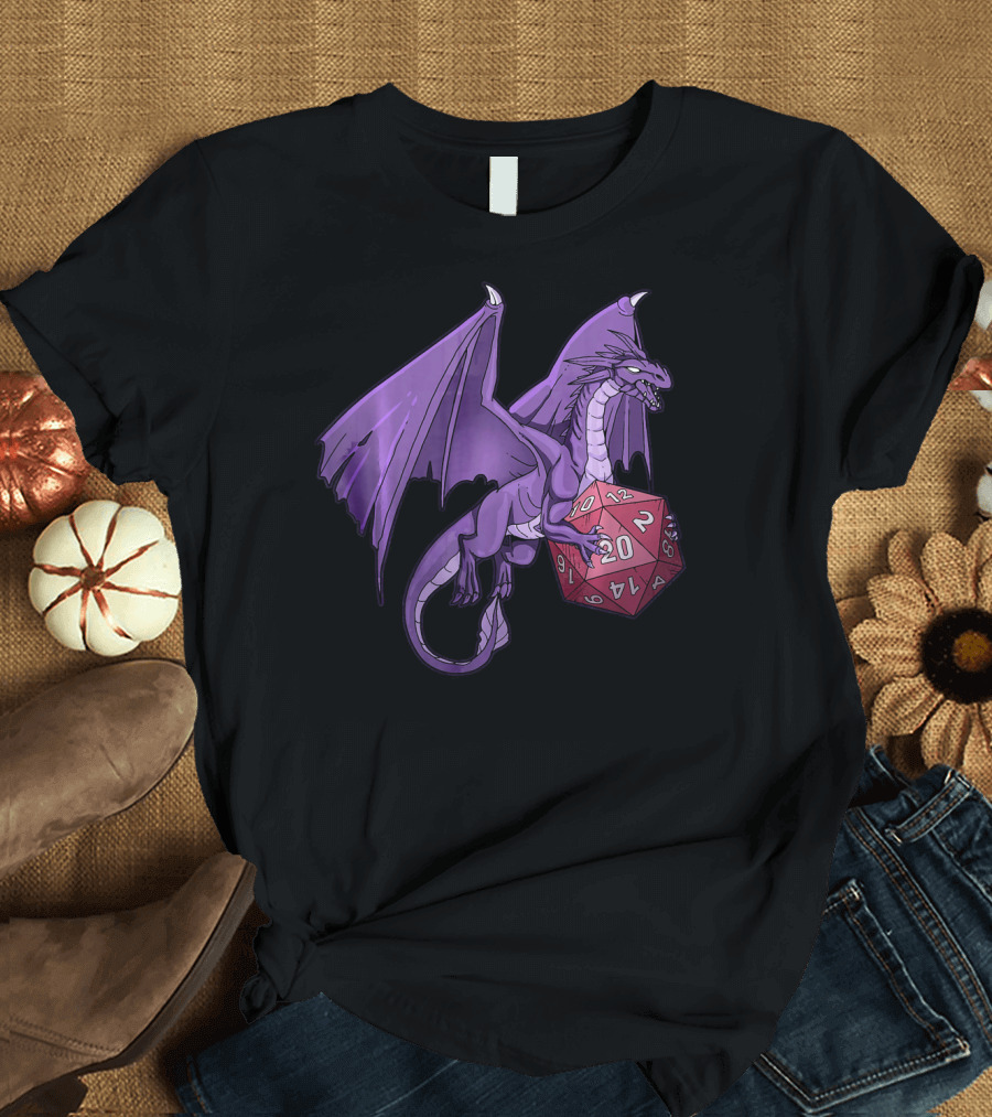 Purple Dragon with D20 Dice for Tabletop Gaming T-Shirt