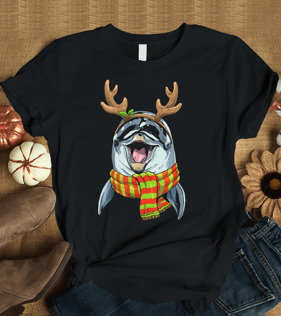 Cheerful Dolphin Wearing Christmas Reindeer Antlers and Scarf T-Shirt