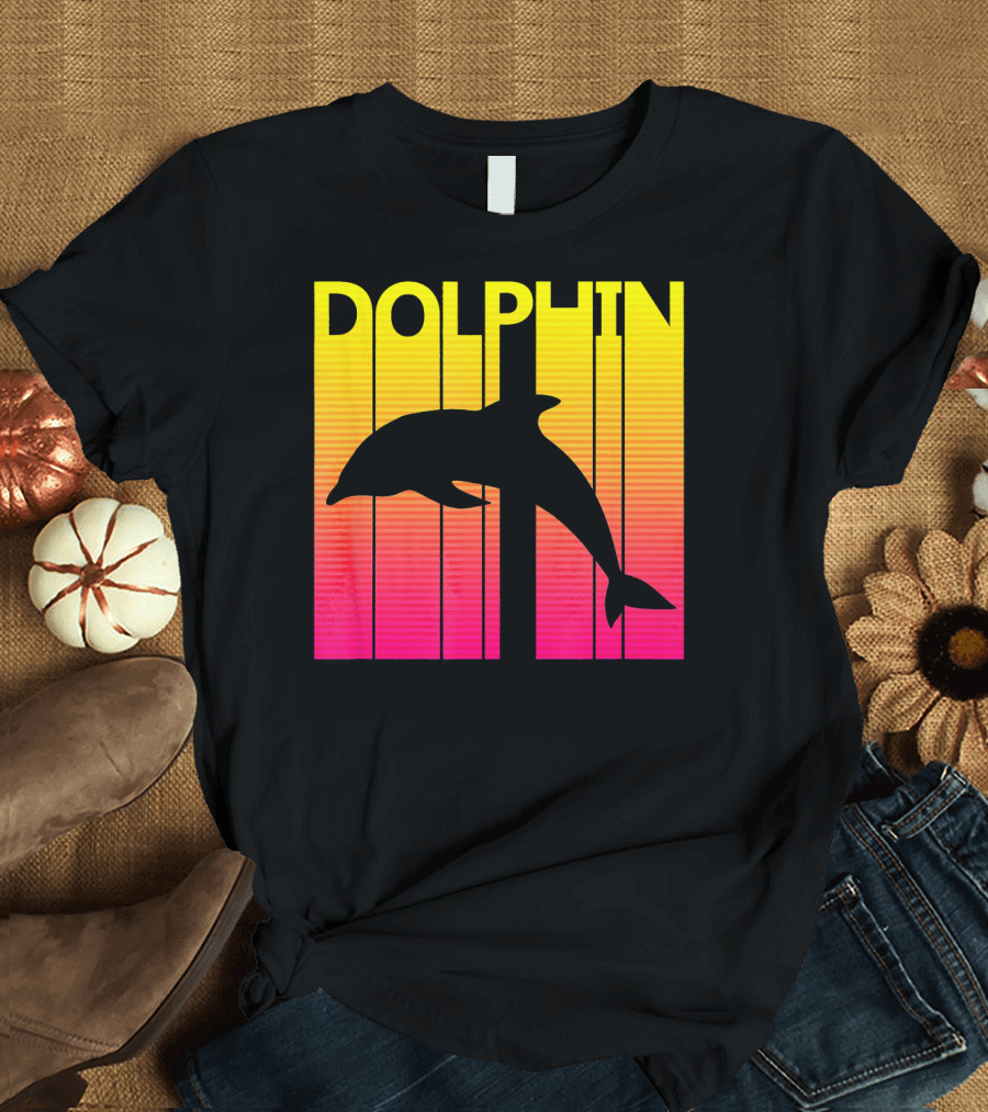 1980s Retro Dolphin Sunset Stripe Animal Lover T-Shirt