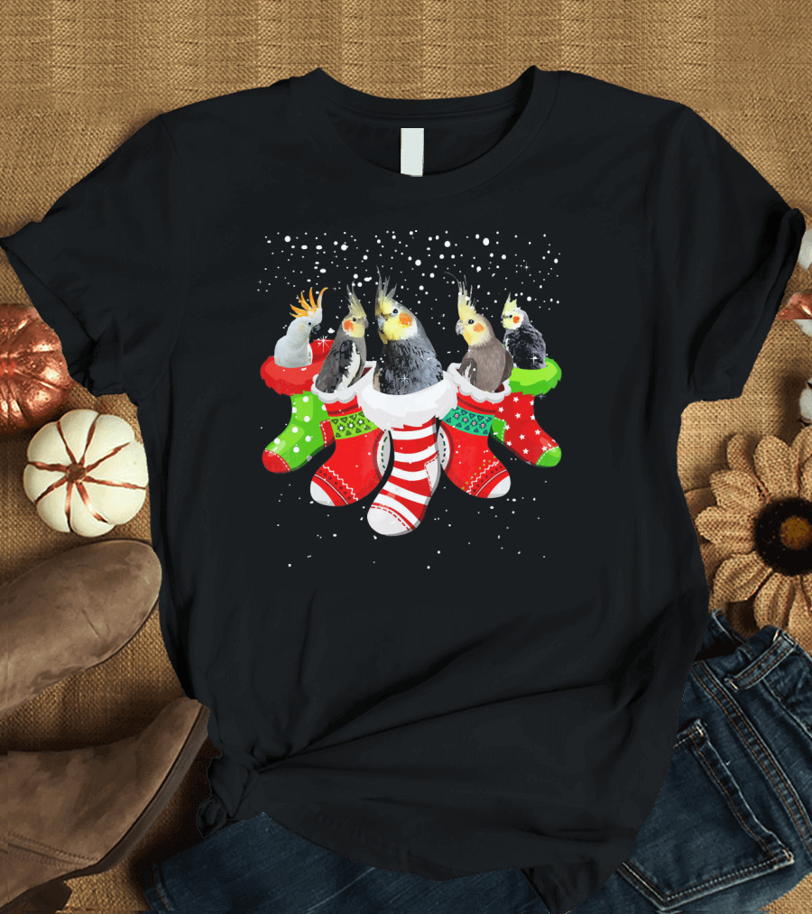 Christmas Cockatoos in Festive Stockings Snowy Scene for Bird Lovers T-Shirt