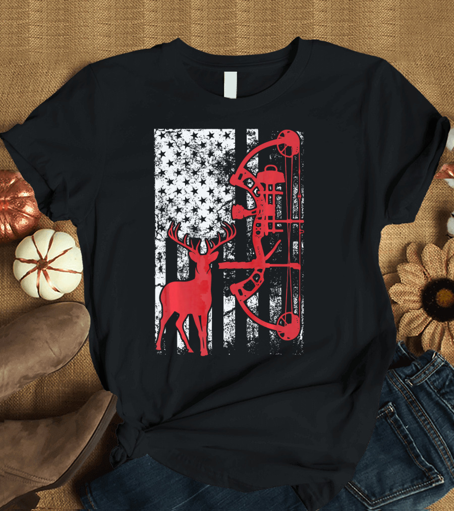 Bow Hunting Deer American Flag I Love Archery T-Shirt