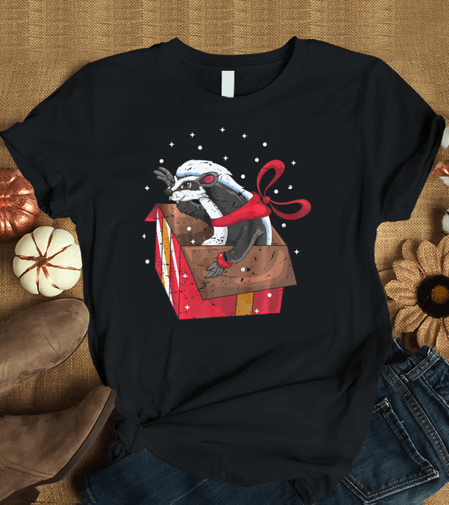 Christmas Honey Badger in Festive Gift Box with Snowflakes T-Shirt