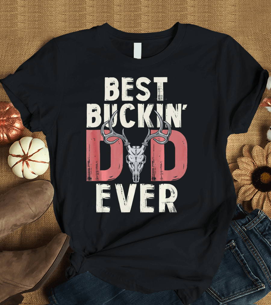 Best Buckin Dad Ever Deer Skull Antlers USA Flag T-Shirt