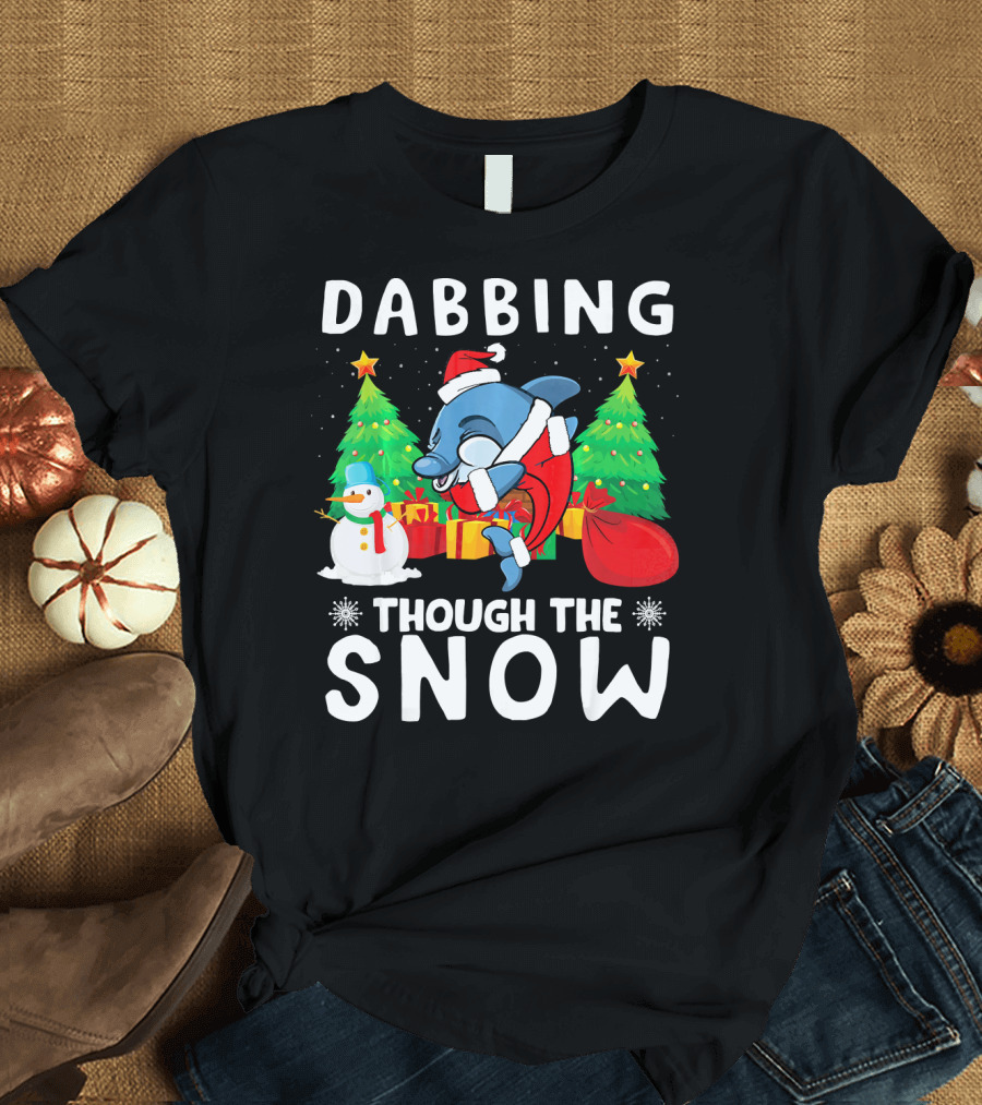 Dabbing Through The Snow Christmas Dolphin Santa Hat Trees Snowman T-Shirt