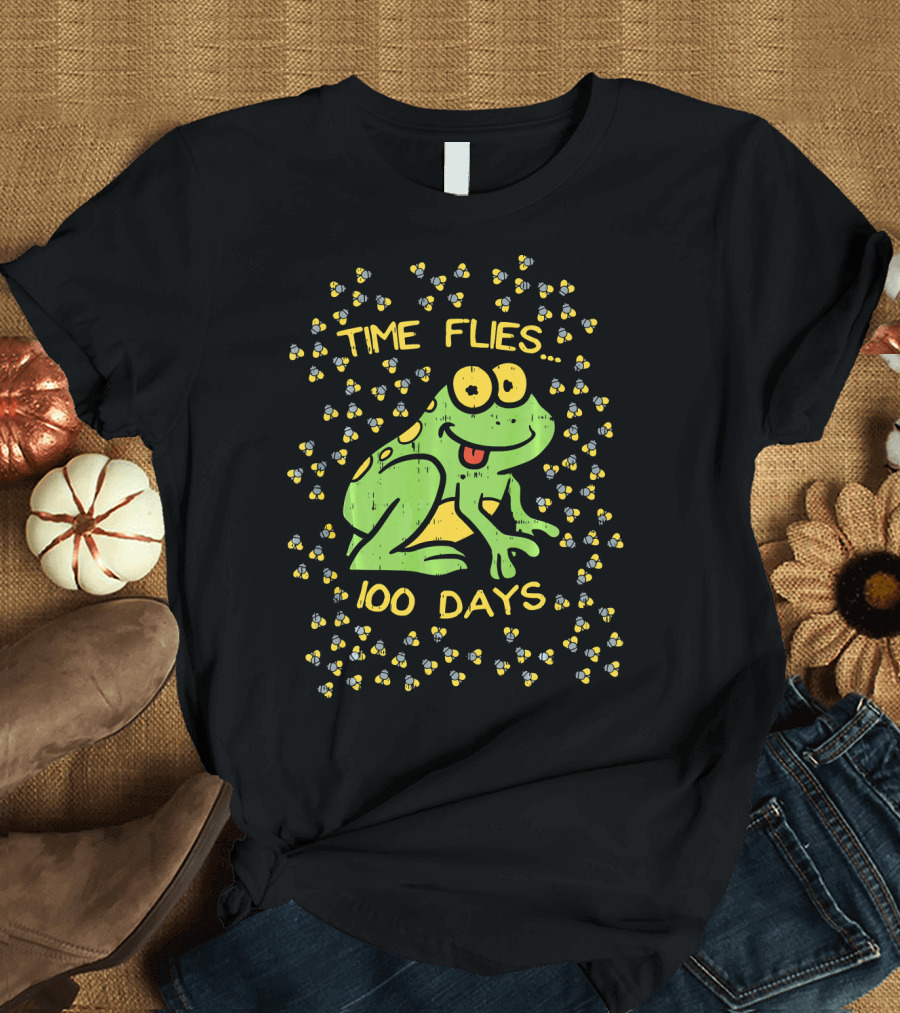 Time Flies 100 Days Frog and Bees 100th Day of School T-Shirt