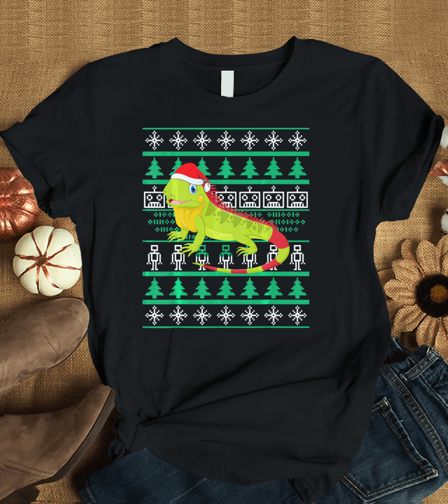 Cute Iguana Christmas Santa Hat Snowflake Tree T-Shirt