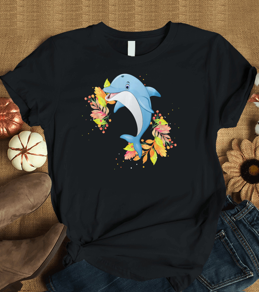 Cute Dolphin with Autumn Leaves Circle T-Shirt