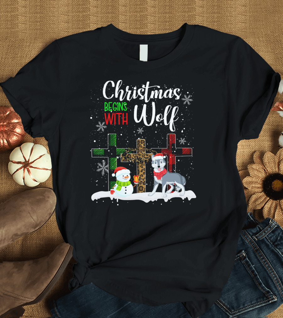 Christmas Begins With Wolf Snowman and Crosses Snowflakes T-Shirt