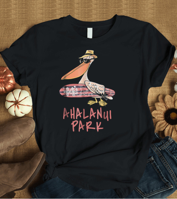 T-Shirt: Ahalanui Park Hawaii Pelican with Surfboard in Hat and Sunglasses T-Shirt Ahalanui Park Hawaii Pelican with Surfboard in Hat and Sunglasses T-Shirt