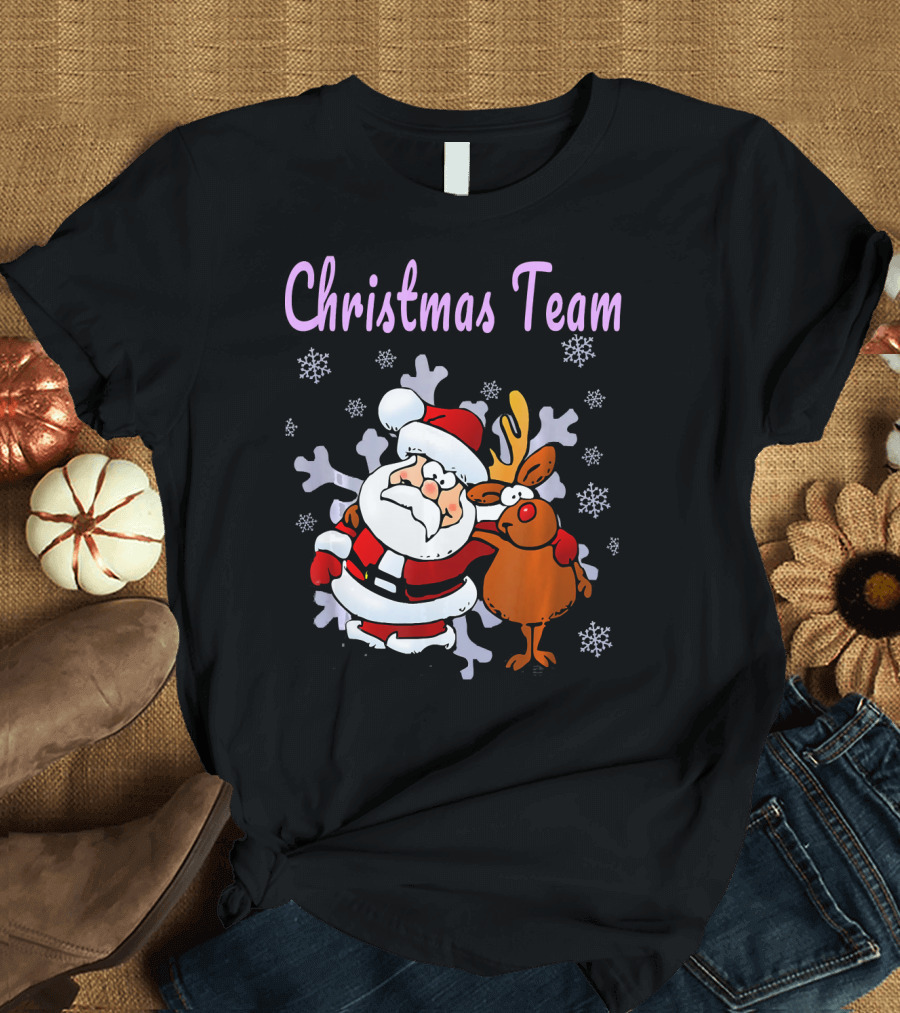 Christmas Team Cute Cartoon Santa and Reindeer Snowflakes T-Shirt