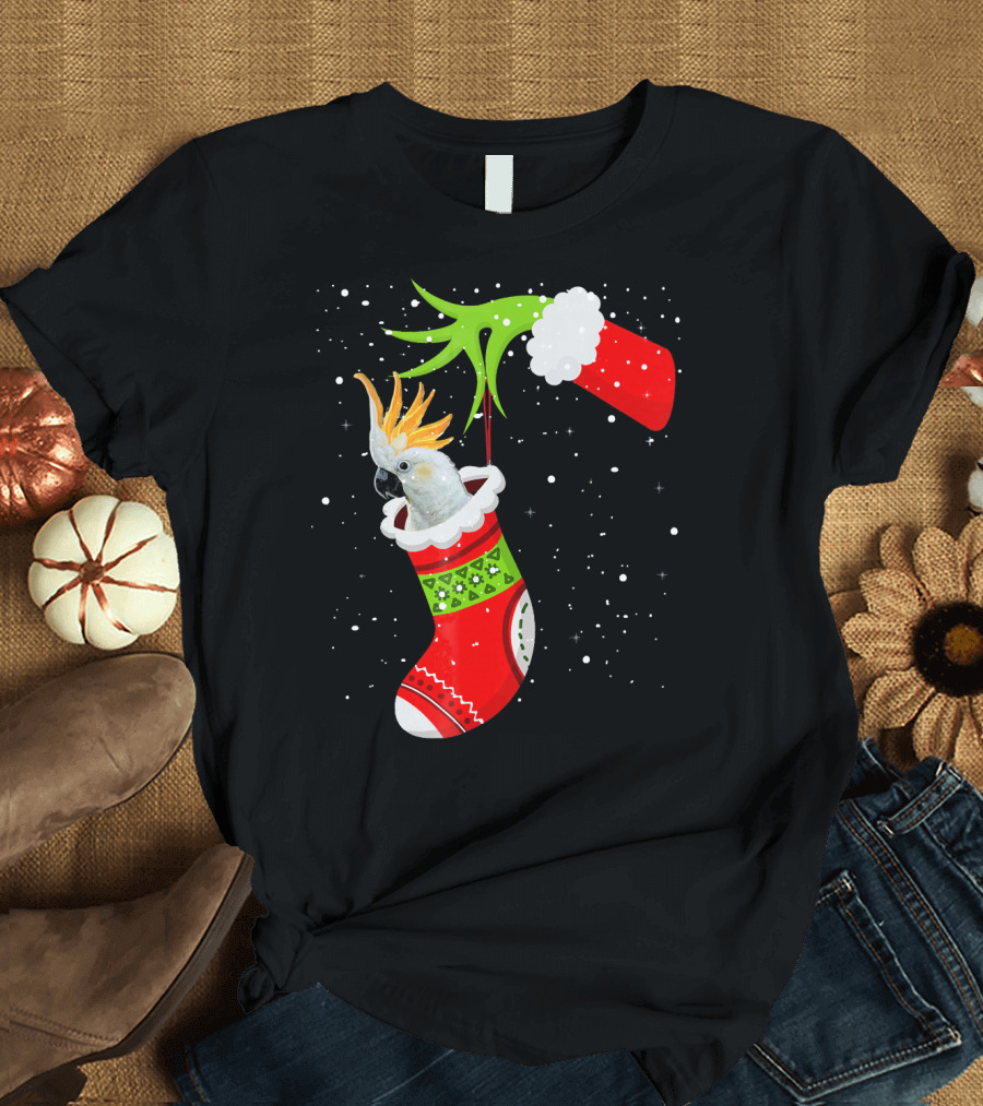 Grinch Hand Holding Christmas Stocking with Cockatoo T-Shirt