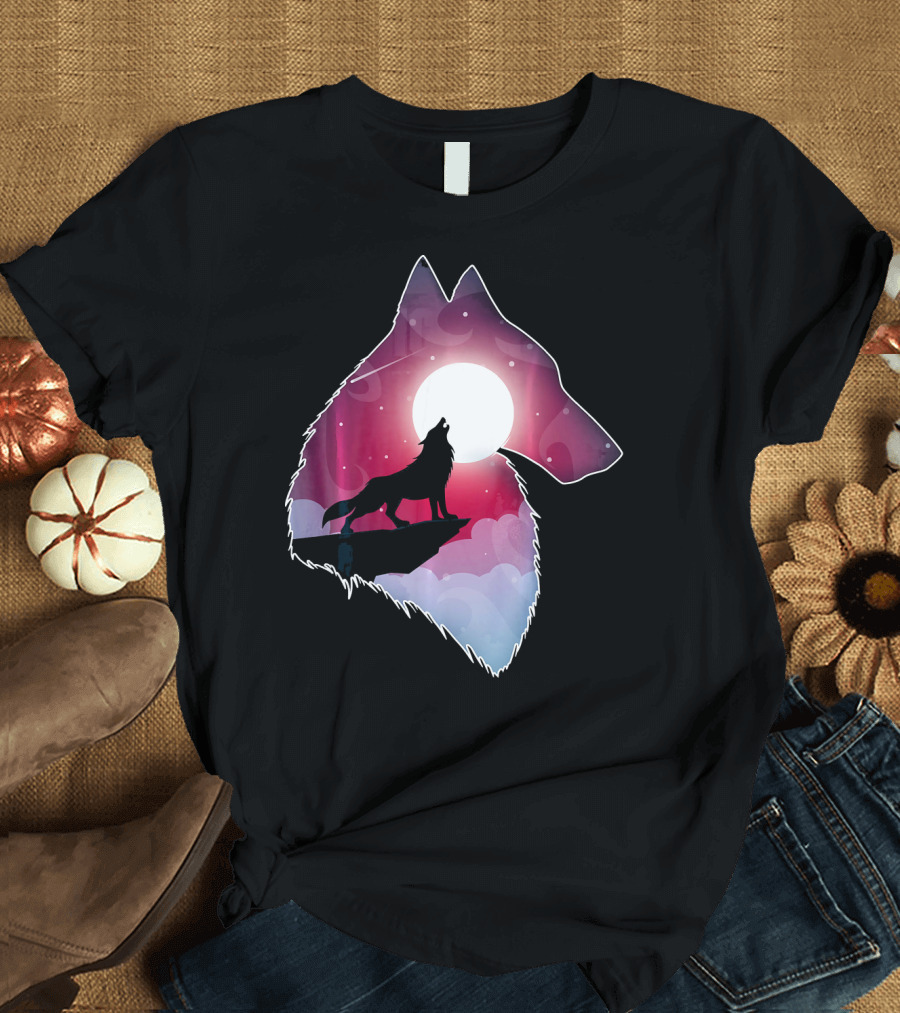 Beautiful Wolf Howling at Moon in Vibrant Landscape T-Shirt