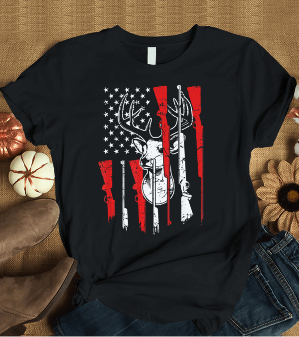 T-Shirt: American Flag Deer with Hunting Rifles for 4th of July T-Shirt American Flag Deer with Hunting Rifles for 4th of July T-Shirt