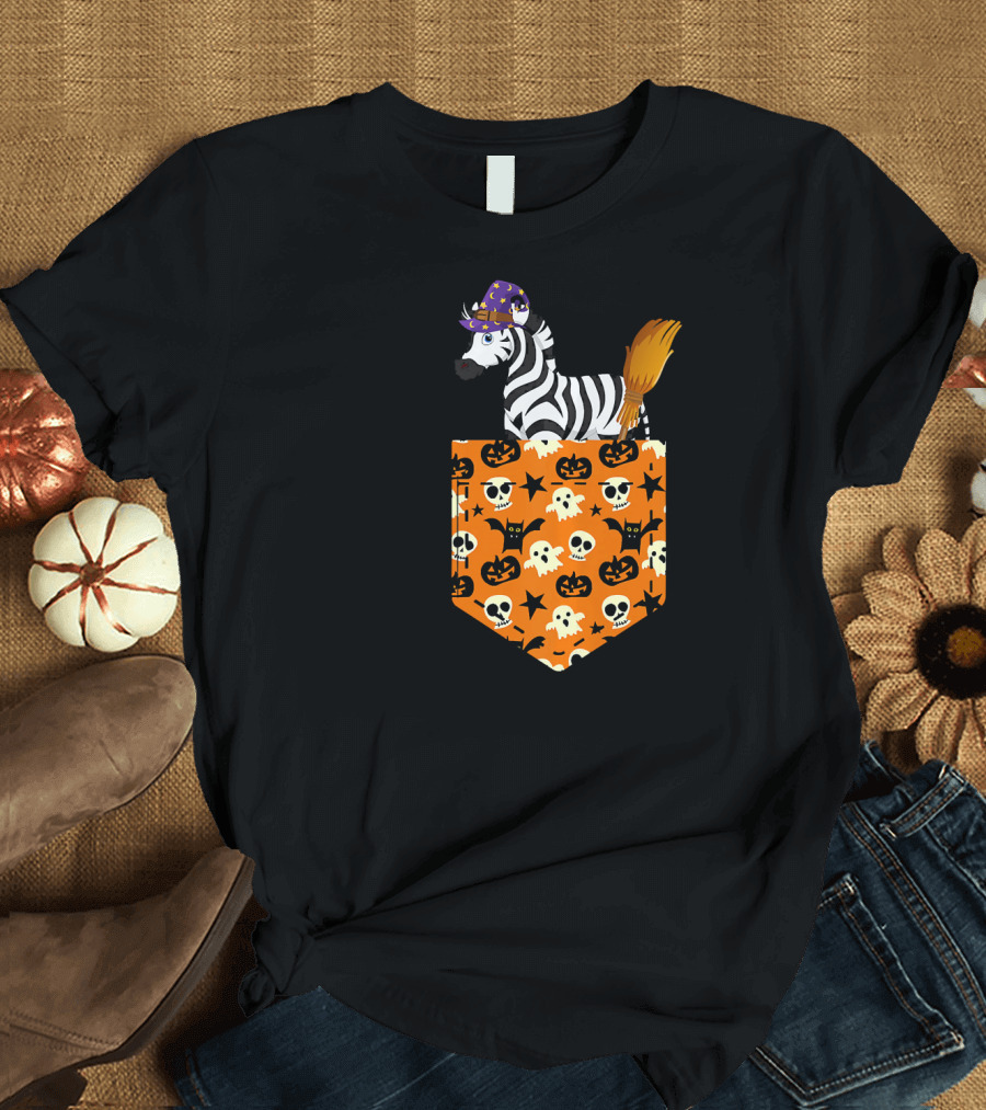 Cute Zebra Pumpkin Pocket Halloween Costume With Witch Hat T-Shirt