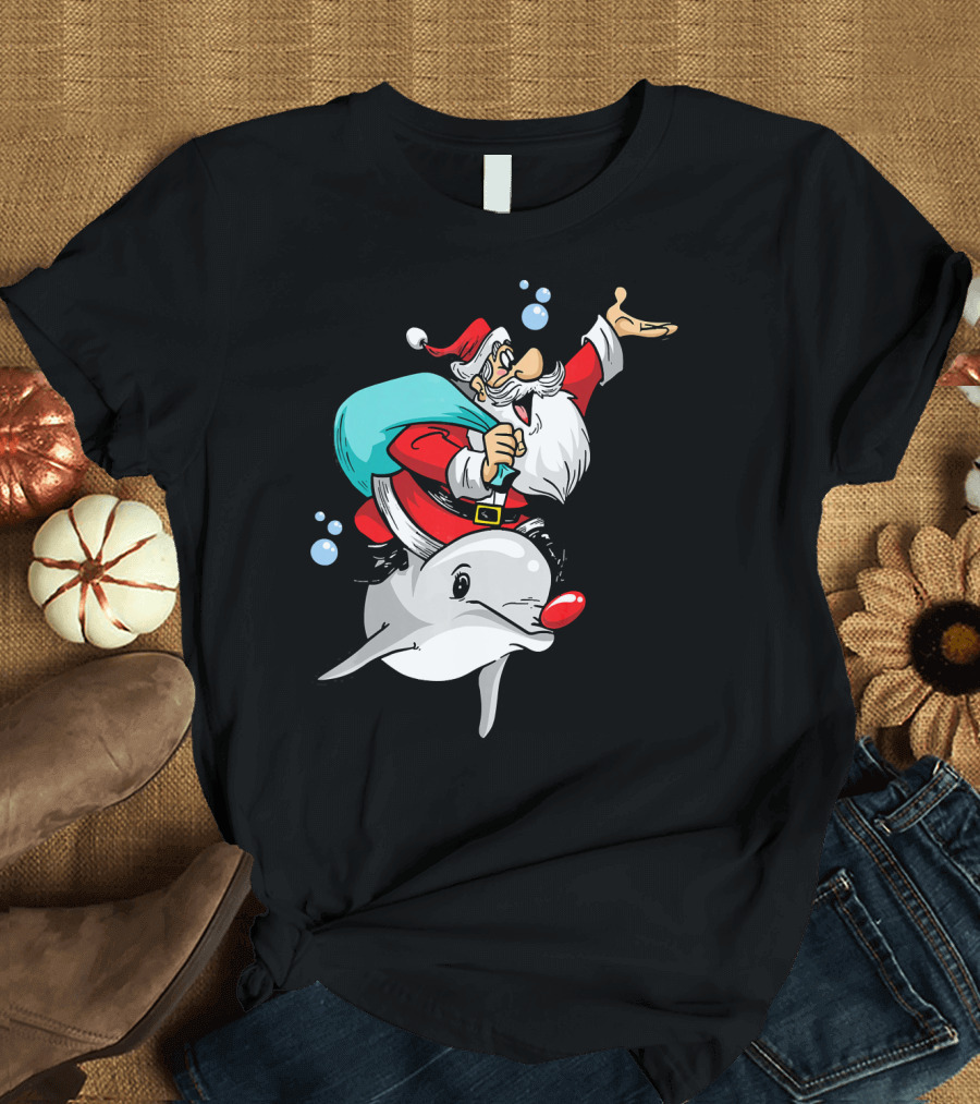 Christmas in July Santa Riding Rudolph Dolphin Red T-Shirt