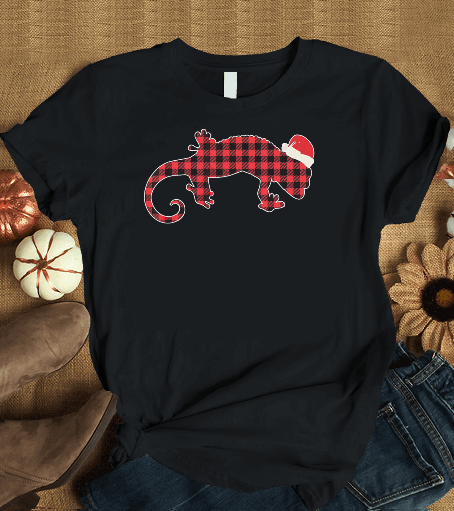 Christmas Gecko Red Plaid Santa Hat Buffalo T-Shirt