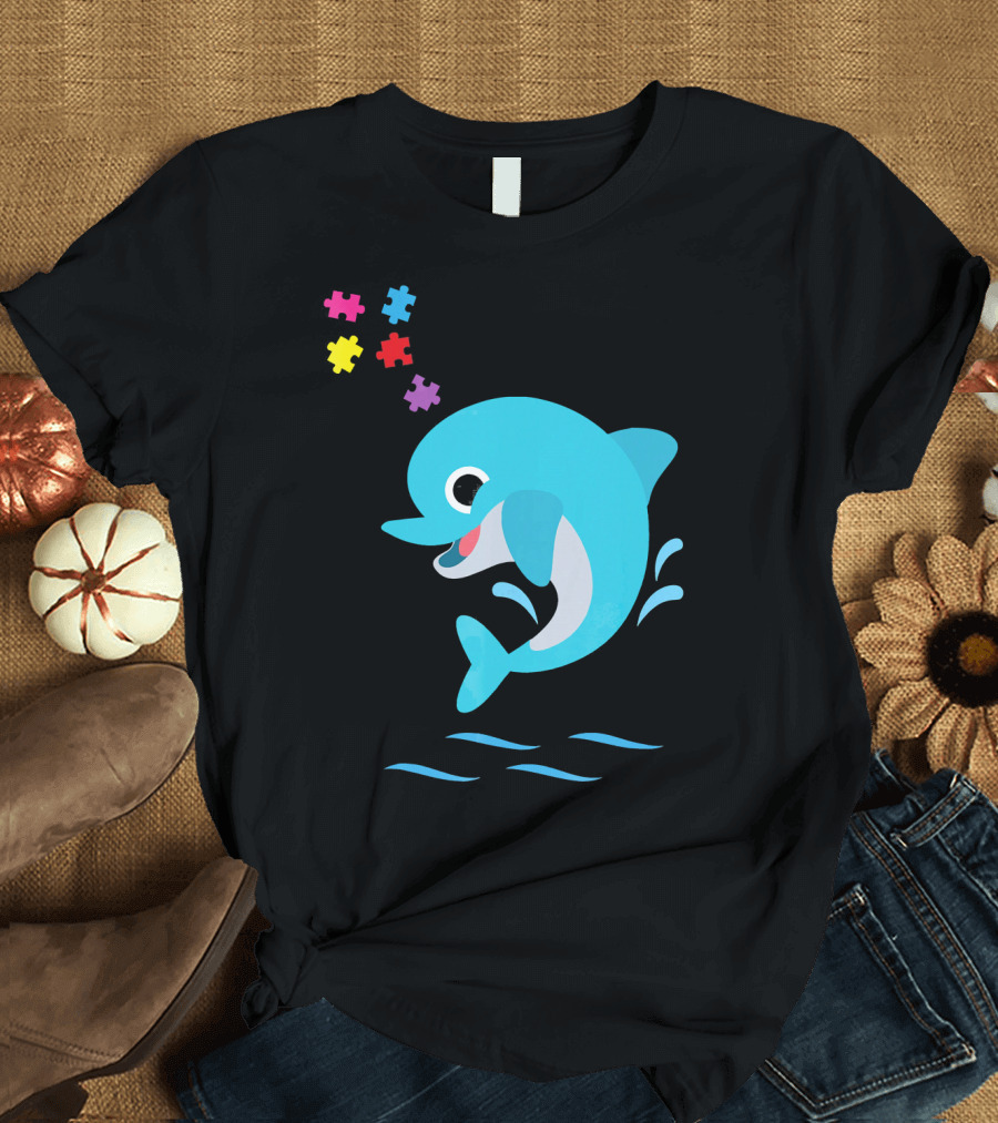 Autism Awareness Kids Puzzle Piece Dolphin Splash T-Shirt