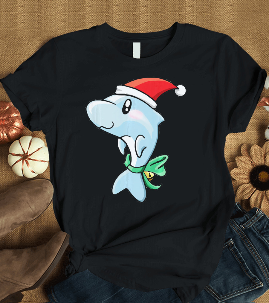 Christmas Dolphin Wearing Santa Hat and Green Scarf with Bell T-Shirt