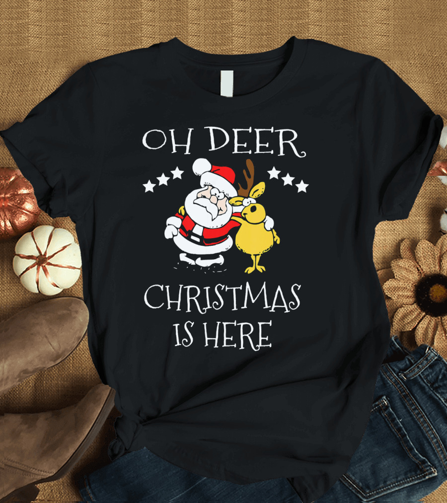 Oh Deer Christmas Is Here Family Santa and Reindeer T-Shirt