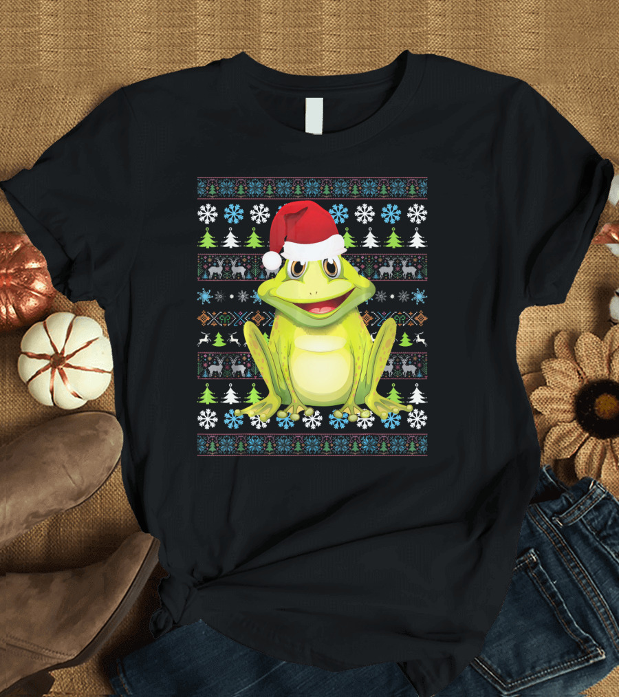 Merry Christmas Frog Santa Hat Ugly T-Shirt