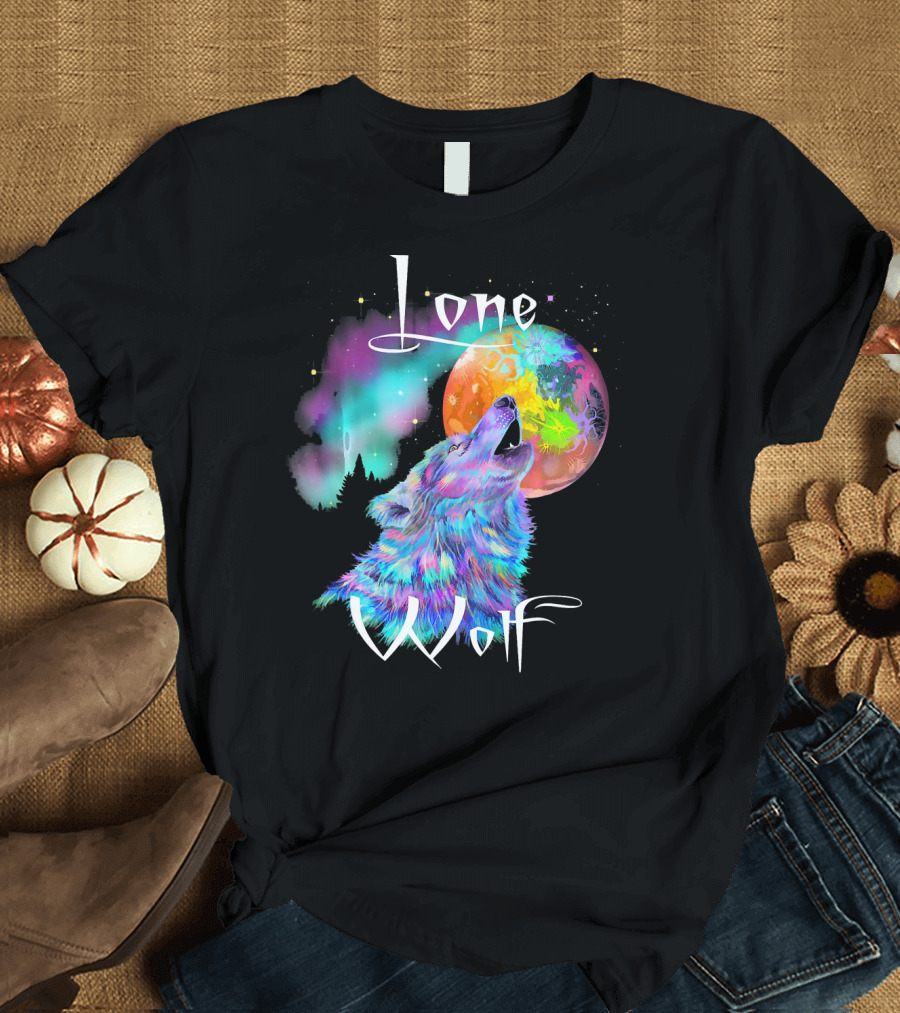 Lone Wolf Howling at Colorful Moon with Northern Lights and Stars T-Shirt