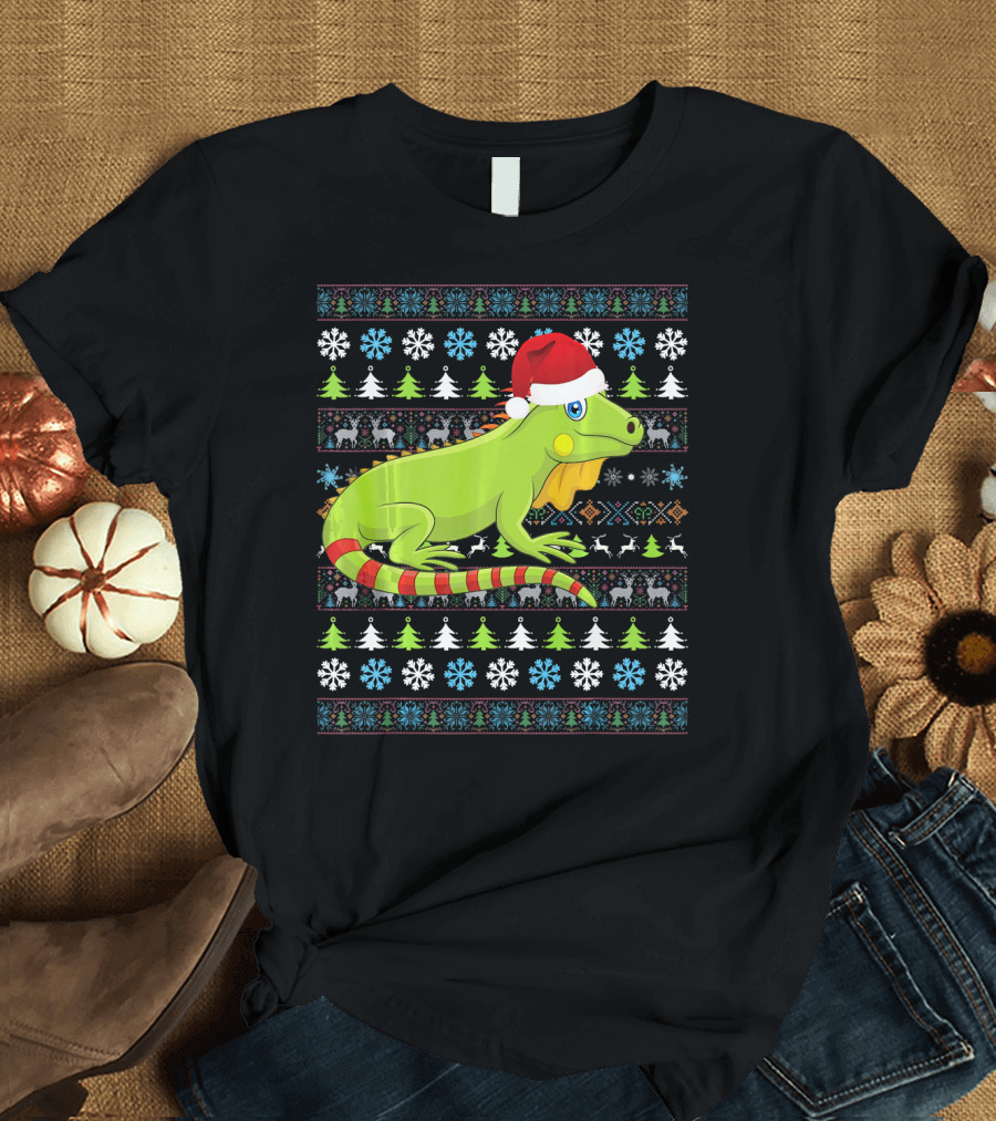 Merry Christmas Iguana UglySant Festive Sweater Theme with Santa Hat and Snowflakes T-Shirt
