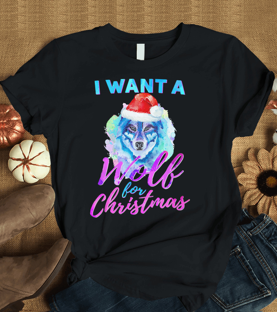 I Want A Wolf For Christmas Santa Hat Watercolor T-Shirt