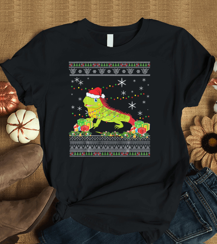Ugly Christmas Sweater Iguana Lights Festive Santa Hat T-Shirt
