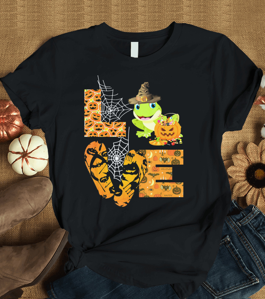 LOVE Halloween Frog Pumpkin with Spiderwebs and Witch Hat T-Shirt