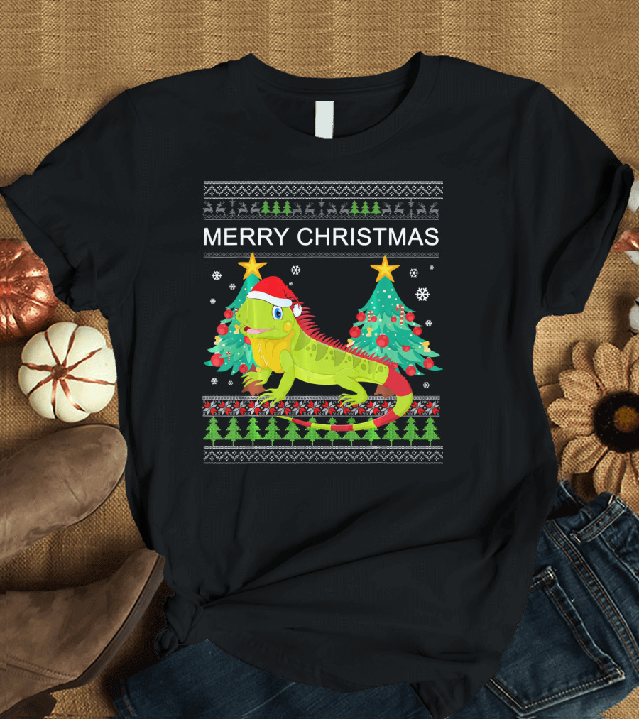 Merry Christmas Iguana Funny Ugly Sweater Holiday Trees Santa Hat T-Shirt