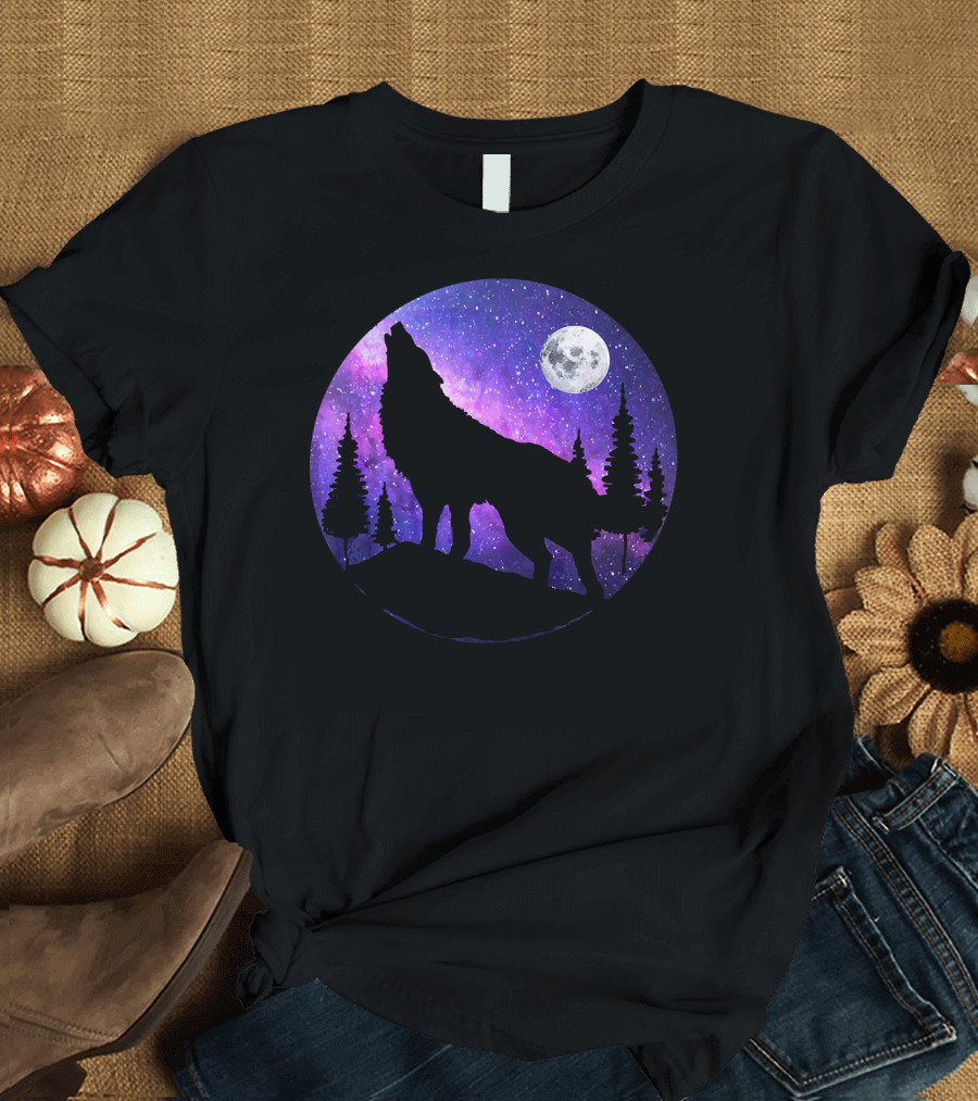 Howling Wolf Silhouette with Full Moon in Purple Galaxy Forest Sky T-Shirt