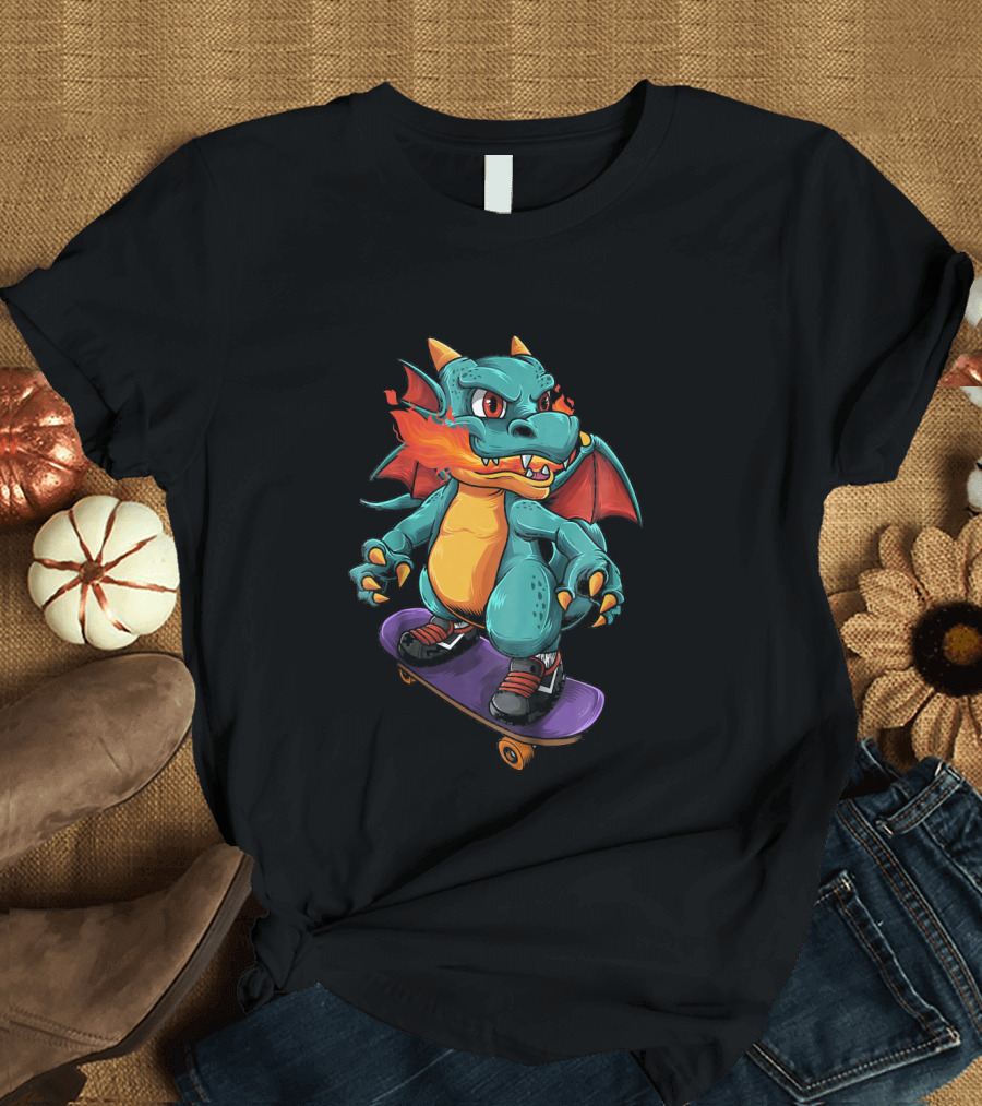 Kids Cute Fire-Breathing Dragon on Skateboard T-Shirt
